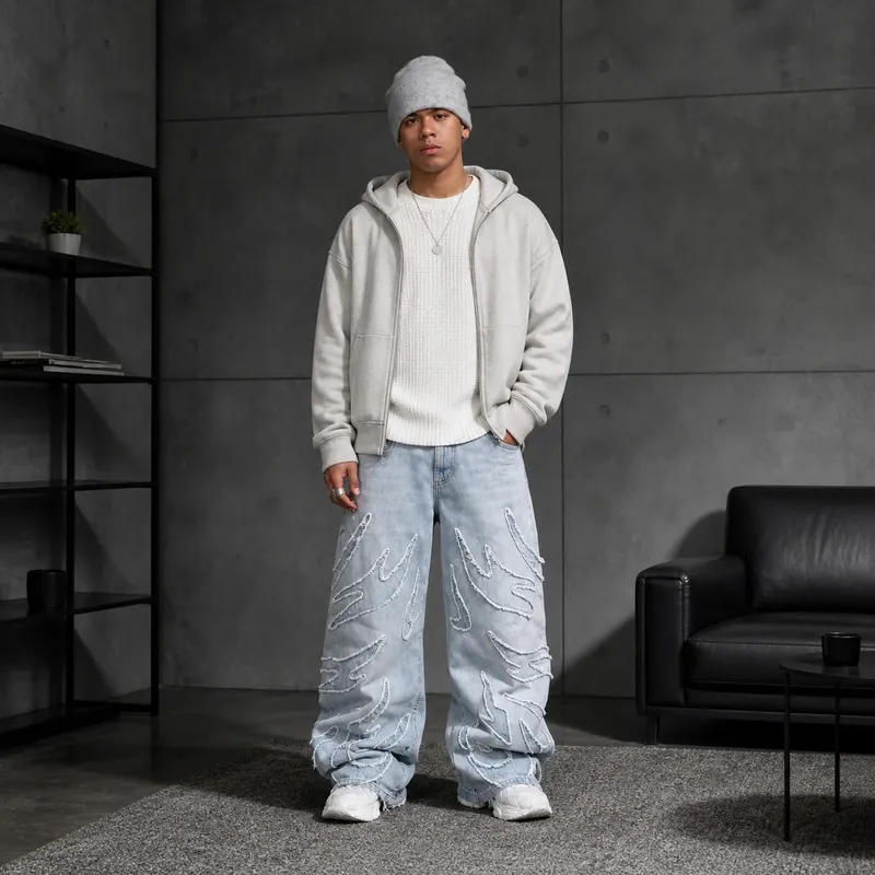Streetwear Black Denim Wide Leg Jeans Featuring Oversized Letter Embroidery and Distressed Baggy Jeans Fit Gothic Hip Hop Pants