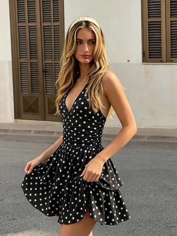 Vintage Polka Dot Halter Dress for Women Deep V‑Neck Backless Ruched Waist Tiered Ruffle Dress Retro Party Casual Short Dresses — image 4