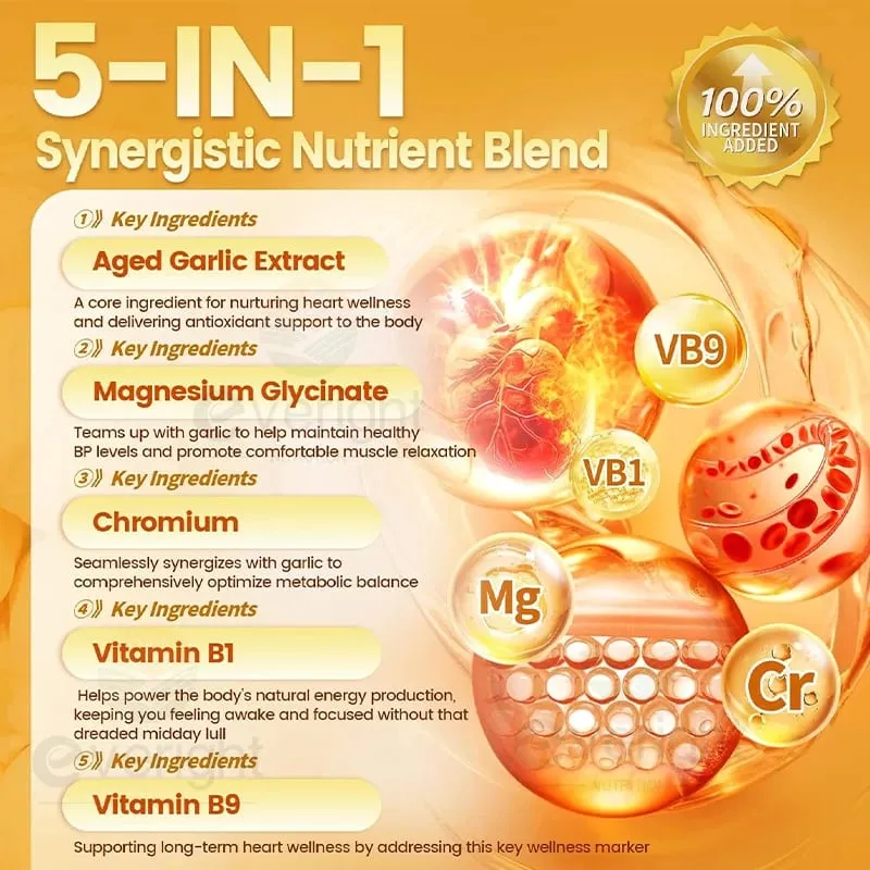 Aged Garlic Extract Capsules Odorless with Magnesium Chromium B1 & B9 Support Immune Heart Cardiovascular Health Supplement