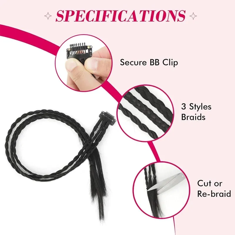 2Pcs Clip‑in Y2K Boxer Braid Ponytail One Clip Three Braids Long Synthetic Fake Hair Extensions For Women