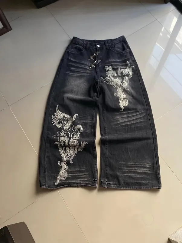 American Vintage New Pattern Printing Black Baggy Jeans Men Y2K Gothic Harajuku Hip Hop Popular Casual Joker Wide-leg Pants — image 9
