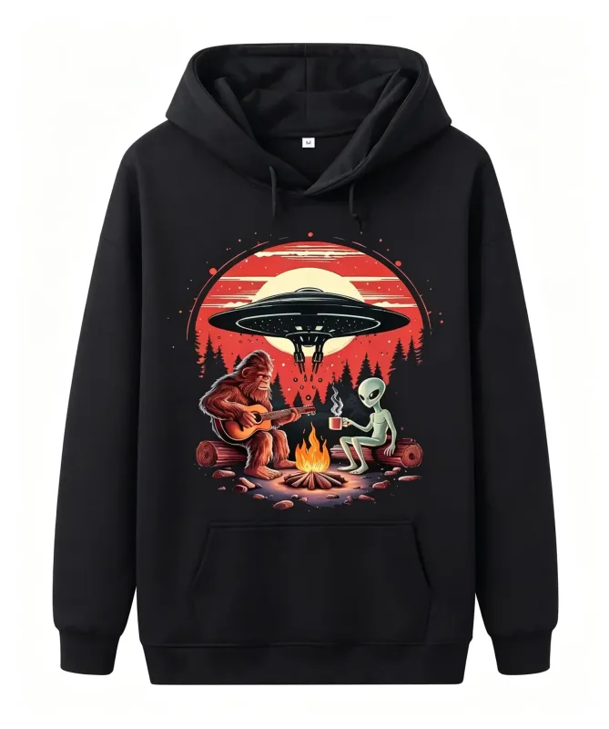 Unisex Alien and Bigfoot Campfire UFO Hoodie - Mysterious Creature Themed Sweater, Soft Breathable Cotton Blend Pullover with Kangaroo Pocket for Camping, Race Day and Mysterious Zoology Lovers (Black), Size S-XXXL, Lightweight