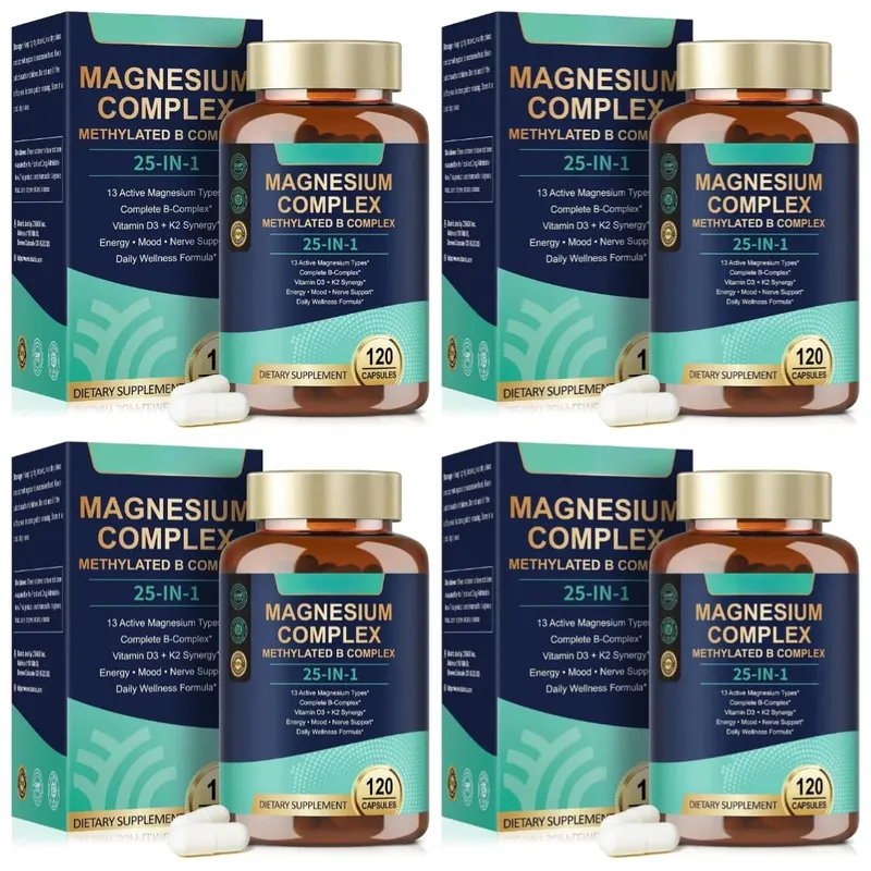 25-in-1 Magnesium Complex with Glycinate Citrate Malate Vitamin D3 K2 B12 Methylfolate for Relaxation Energy Nerve 120 Capsules