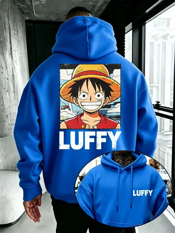 Anime One Piece Hoodie, Vintage Luffy Cartoon Character Front & Back Print Loose Fit Pullover Sweatshirt for Manga Enthusiasts