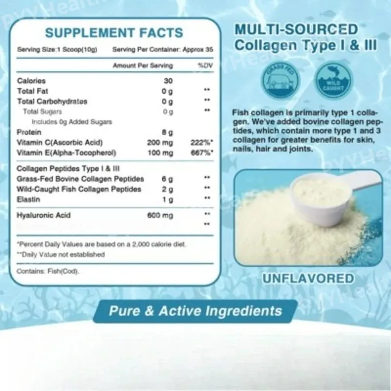 Marine Collagen Peptides Powder - Type I III Collagen with Probiotics Vitamin C & Hyaluronic- Unflavored - 12.35oz/35 Servings