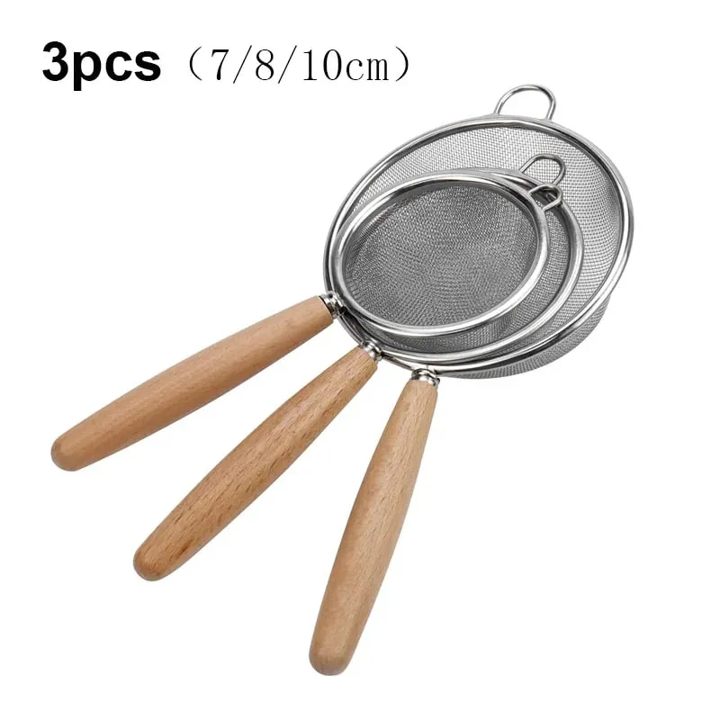 1-3pcs Wooden Handle Flour Sifter And Strainer Fine Mesh Stainless Steel for Home Baking Cooking Juice And Powder Filtering