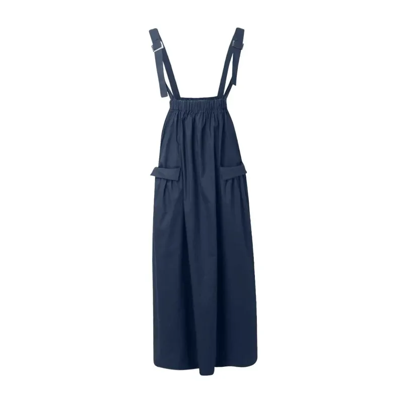 Women Fashion Suspender Dress With Long Straps Large Pockets And Over The Knee Pocket Straps Midi Dresses For Women Robe Femme