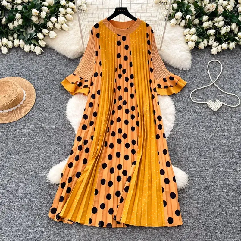 Miyake Pleated Polka Dot Dresses 2026 Summer Flared Sleeves Round Neck Fashion Pleated Long Dress Women Draped Elastic Clothing — image 10