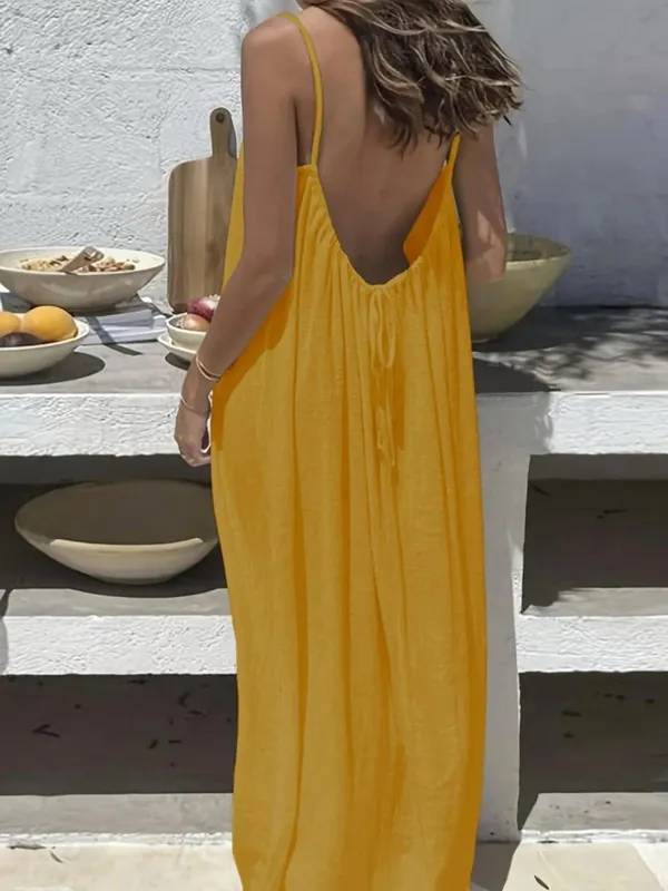Women's Solid Color Backless Cami Dress Strappy Lounge Dress Open Back Maxi Length with Relaxed Fit Comfortable Home Wear​