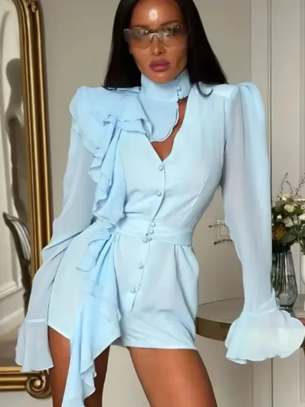 2026 Light Blue Ruffled Chiffon Dress V-neck Puff Long Sleeve Flutter Waist-cinching Mini Dresses Date Vacation Fashion Vestido — image 2