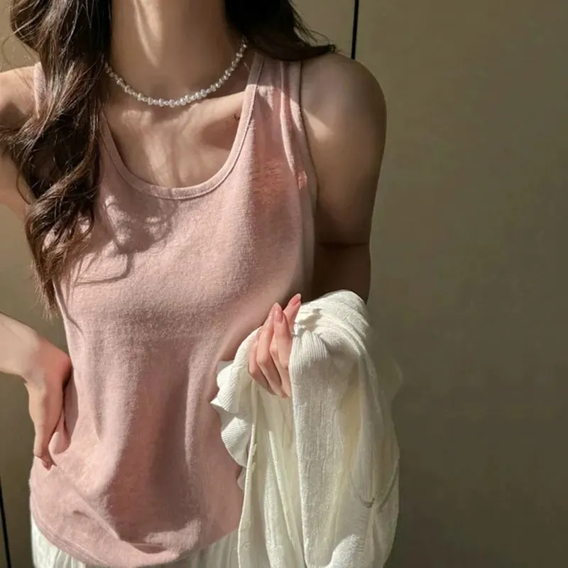 2026 New Women Summer Casual Tank Tops Solid Color All-Match Basic Sleeveless Vest Female Korean Simple Loose O-Neck Camis Top