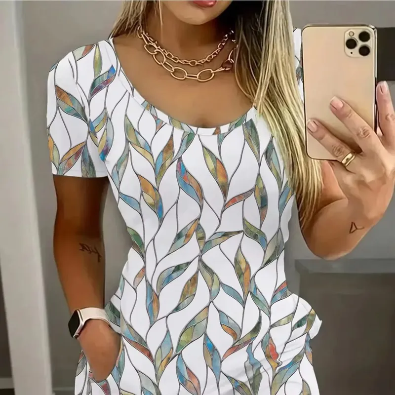 Elegant Casual round Neck Solid Color Leaf Pattern Pocket Short Sleeve Mini Skirt Long Dress Comfortable Fashion Women's Dress