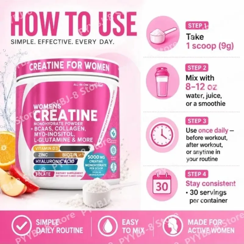 Women's Creatine Monohydrate Powder 5000mg BCAA Multi-Collagen Biotin Vitamin D3 Tropical Orange Sports Nutrition 30 Servings
