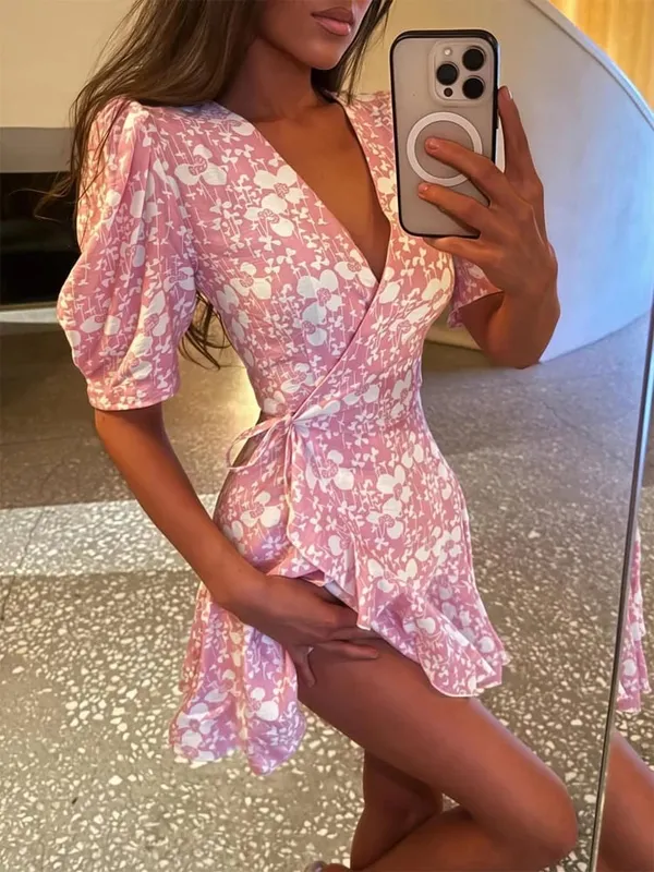 Chic Printed Slim Fit Mini Dress Women Elegant V-neck Puff Short Sleeves Waist Cinching Dresses 2026 Summer Lady Party Robes New — image 9