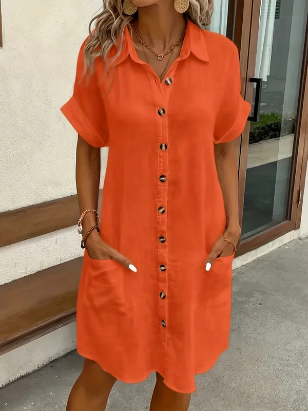 2026 European and American Cross Border Leisure Solid Color Cotton Hemp Buckle Long Short Sleeve Loose Shirt Dress Women's Wear