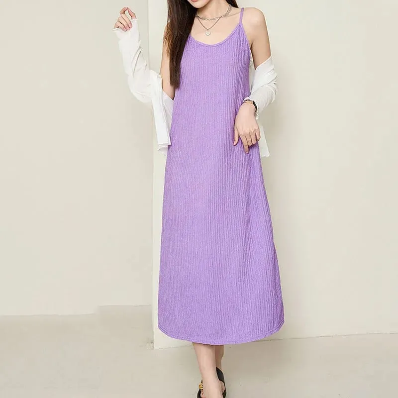 Women Spaghetti Strap Dress 2026 Summer Solid Color Loose Long Beach Sundress Lasy Elegant Sleeveless Evening Party Midi Dresses