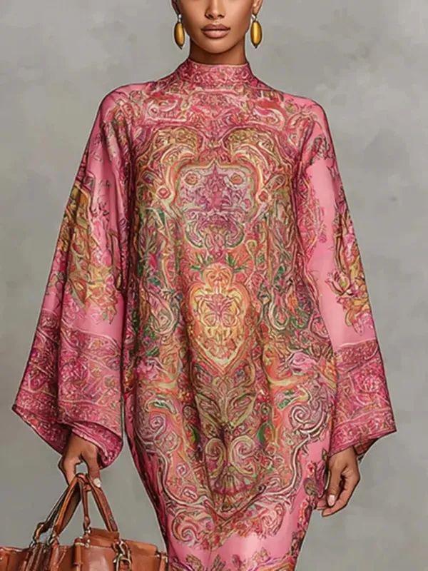 Yeezzi 2026 New Retro Classic Printed Party Evening Midi Dresses Loose Batwing Sleeves Elegant Ramadan Church Kaftan Dress Robe — image 5