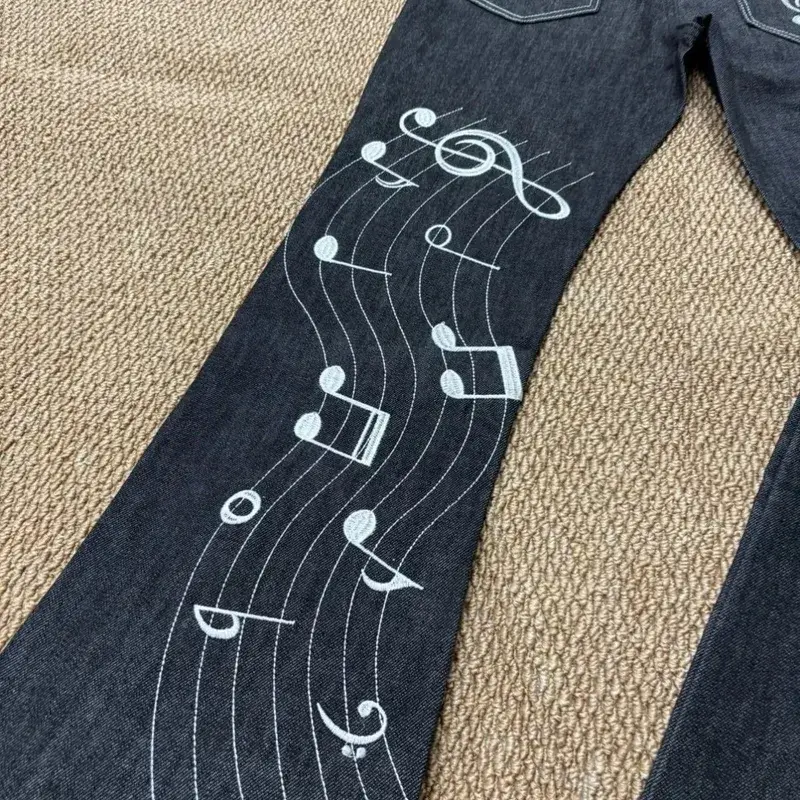 Note Rose Embroidered Original Color Jeans Unisex 1021M Version Slightly Flared HighStreet Wear Straight Jeans Stacked Pants Men
