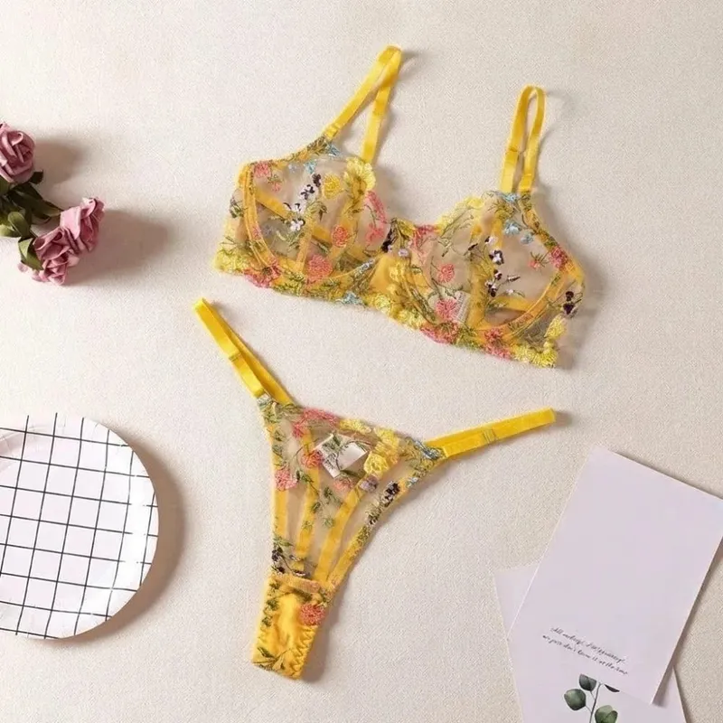 2-Piece Floral Lingerie Set Sheer Embroidery Underwear Intimates Versatile Underwire Push-up Bra Panty Set For Lady Girl