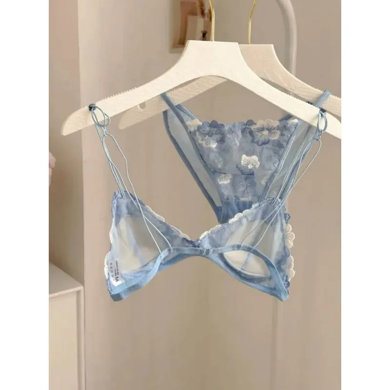French Style Triangle Cup Bralette Embroidered Lace Wireless Hollow Out Pure Desire Lingerie Set CA MOYIU Sexy Bra Panty & Tushy — image 2