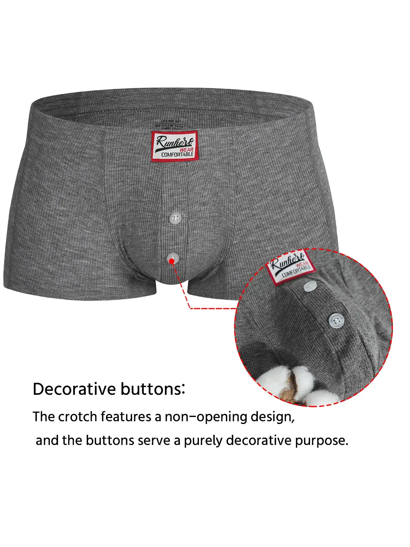Men's Flat Underwear, Made of Synthetic Viscose, High Elasticity, Raised, Button Decoration, Comfortable Slim Fit Solid Color