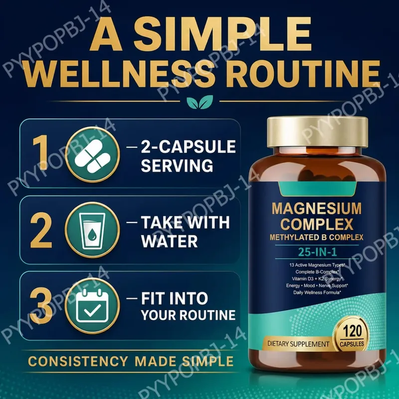 25-in-1 Magnesium Complex with Glycinate Citrate Malate Vitamin D3 K2 B12 Methylfolate for Relaxation Energy Nerve 120 Capsules