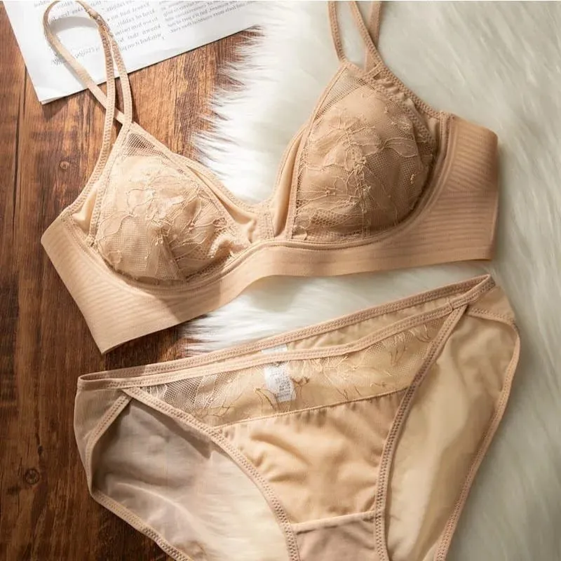 French Lace Bra Women Wireless Unlined Sheer See Through Sexy Demi Cup Lightweight Comfort Summer Lingerie Set Small Bust S-XL