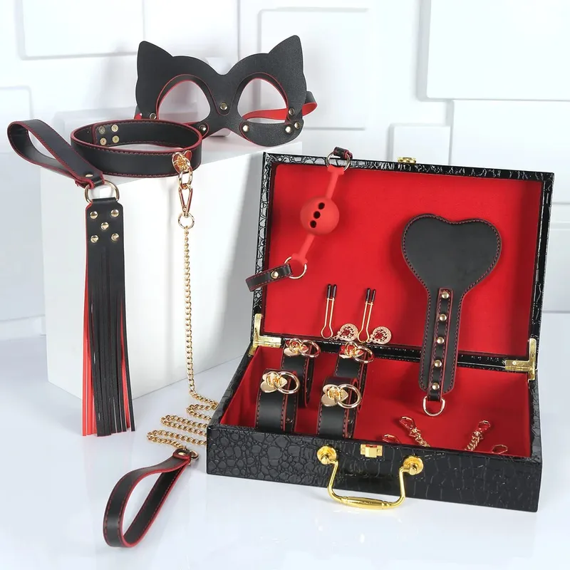 Slave Roleplay Set Leather Handcuffs Ankle Cuffs Ball Gag Mask Whip Collar Leash Sex Toys for Women Couples BDSM Bondage Kit — image 3