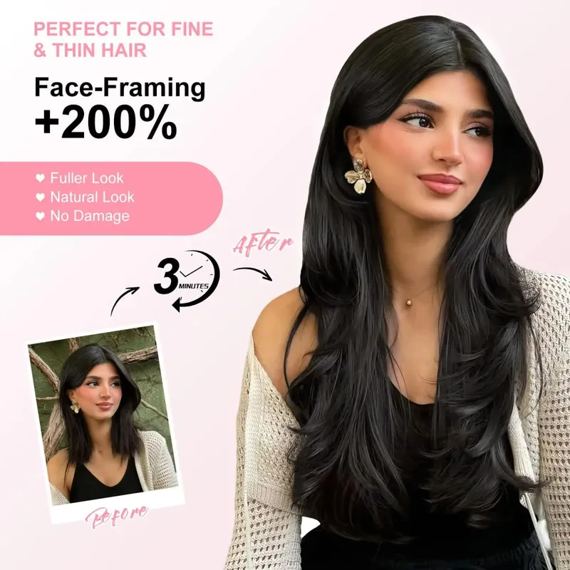 Black Clip in Hair Extensions for Women Long Straight Layered Synthetic Hair with 5 Clip One-Piece Design Soft & Face Framing 2 — image 2