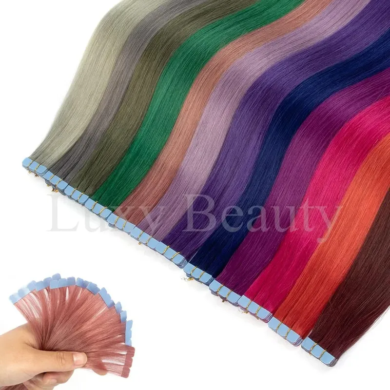 Colored Blue Mini Tape in Human Hair Extensions Invisible Seamless Tape in Hair 10pcs Pink Red Green Purple Blue Mini Tape Hair
