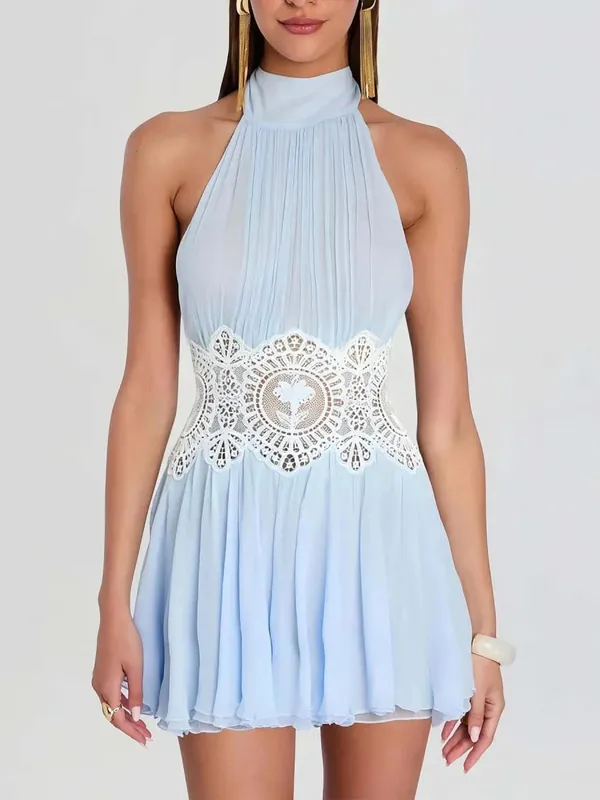 Halter Neck Ribbed Knit Lace Waist Cutout Back Skater Mini Dress Sleeveless Contrast Lace 2026 Summer Women Party Mini Dress