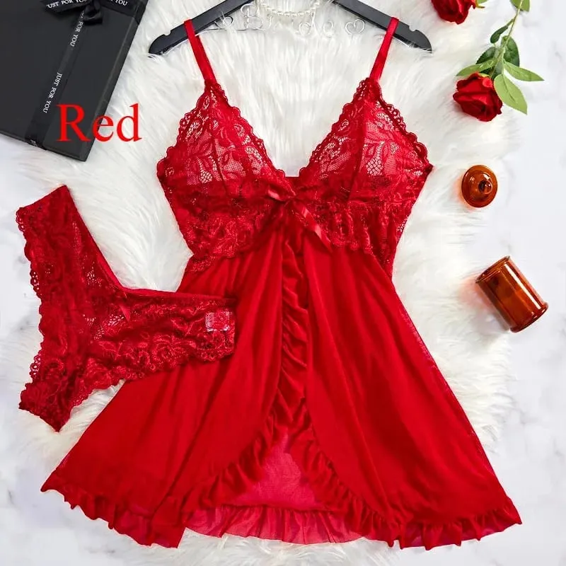 Women's Sexy Lace V-Neck Babydoll Lingerie Set 2 Piece Soft Nightdress with Panty Sleepwear for Honeymoon S-XL — image 12