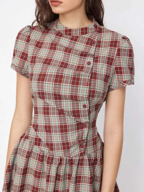 Women's Vintage Plaid A-Line Dress Short Sleeve Stand Collar Button down Pleated Mini Dress Casual Elegant Fashion — image 6