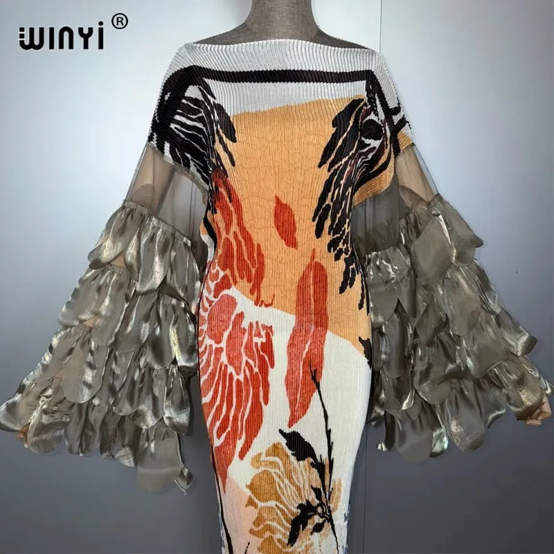 Elastic Slim Pleated Dress Beach Cover Up Boho Kaftan Abaya Dubai Luxury Party Dress Long Down Muslim Woman Evening Dress — image 4