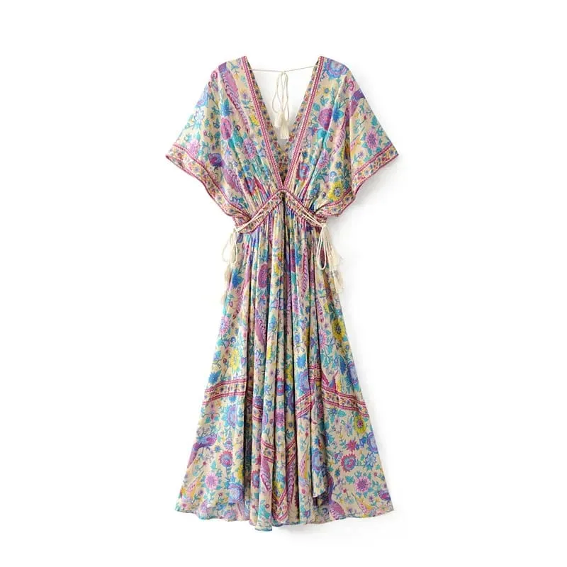Boho Queens femmes paon imprimé fleuri manches chauve-souris plage bohème Maxi robes dames col en V gland robe d'été robes — image 3