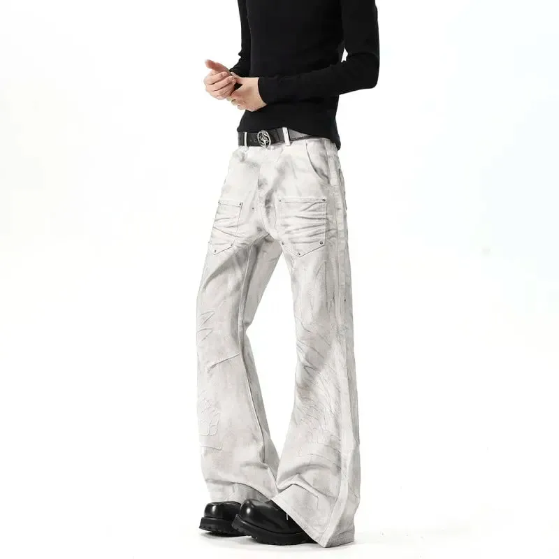 Men White‑Grey Washed Flare Jeans Embossed Pattern Rivet Decor Loose Floor‑Length Y2K Streetwear Denim Trousers 9X4397