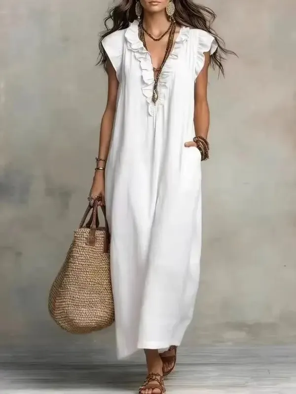2026 verão feminino boho algodão linho maxi vestido cor sólida plissado decote em v sem mangas solto vestidos longos com bolsos casual praia