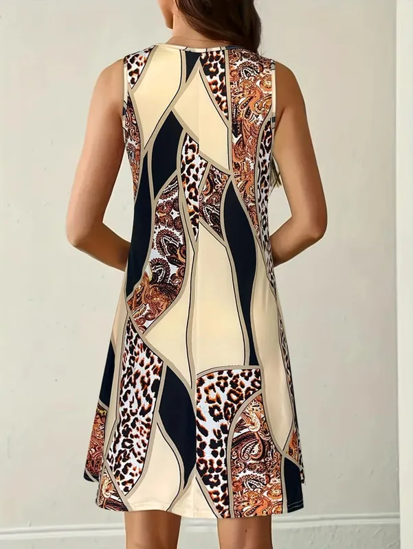 Women's Leopard Paisley Patchwork Print Sleeveless Dress Summer Casual Round Neck Loose A Line Swing Sundress — image 2