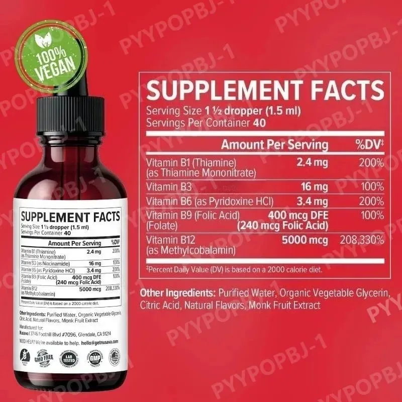Vitamin B12 Liquid Drops 60ml Raspberry Flavor with Vitamin B6+B1 Etc Multivitamin Support Energy Recovery & Brain Heart Health — image 2