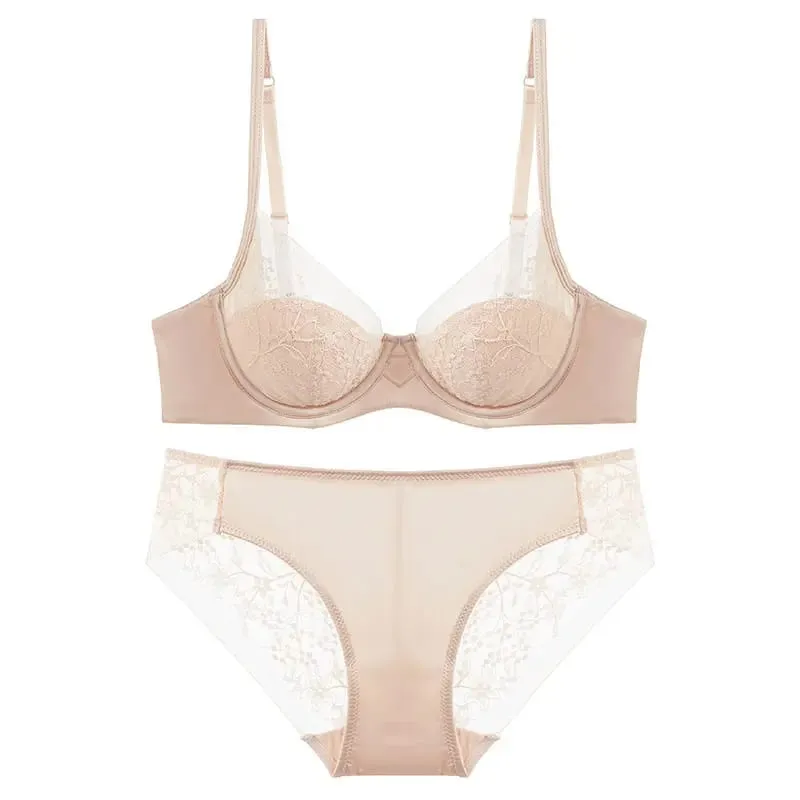 Elegant Lace Lingerie Set Thin Cup Minimizer Bra Panty Breathable Comfort Intimates Suit For Big Bust Size 32‑38 Daily Underwear