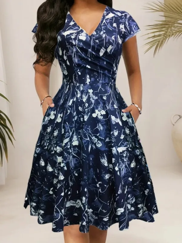 Elegant Floral Printed V-Neck Mid-Length Pocket Dress Polyester Blends for Spring Summer Autumn Three Season Women's Dress — image 1