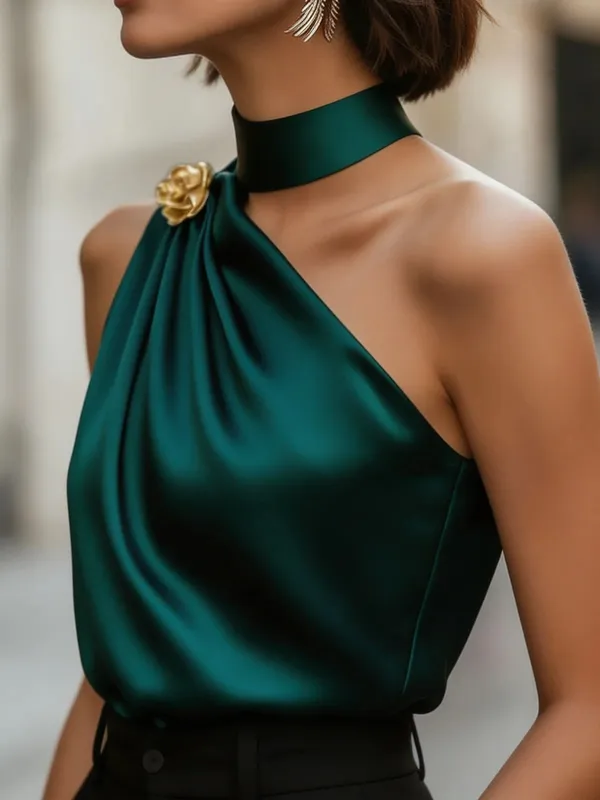 Chic Halter One Shoulder Satin Draped Dark Green Blouse Sleeveless Top For Party & Office Women — image 4