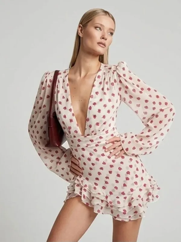 Sweet Rose Print Ruffle Mini Dress Deep V Neck Long Puff Sleeve Ruched Waist Dresses Spring Sweet Café Meetup Vestido 2026 — image 4