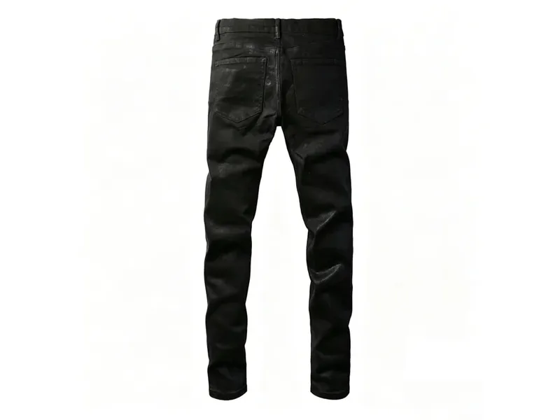 Men's Black Coated Slim Tapered Jeans Washed Distressed Design Button Fly High Street Style