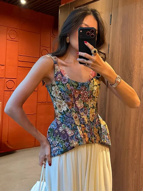 Chic Print Flower Slim Top Women Sleeveless Slash Neck Sling Backless Zipper Vest Female 2026 Fashion Summer Autumn Lady Tops — image 3