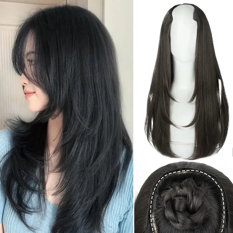 Synthetic Long Straight U-Shaped Arrangement Half Head Wig for Women Black Brown Clips in Hair Extension Natural Fake Hairpieces — image 2