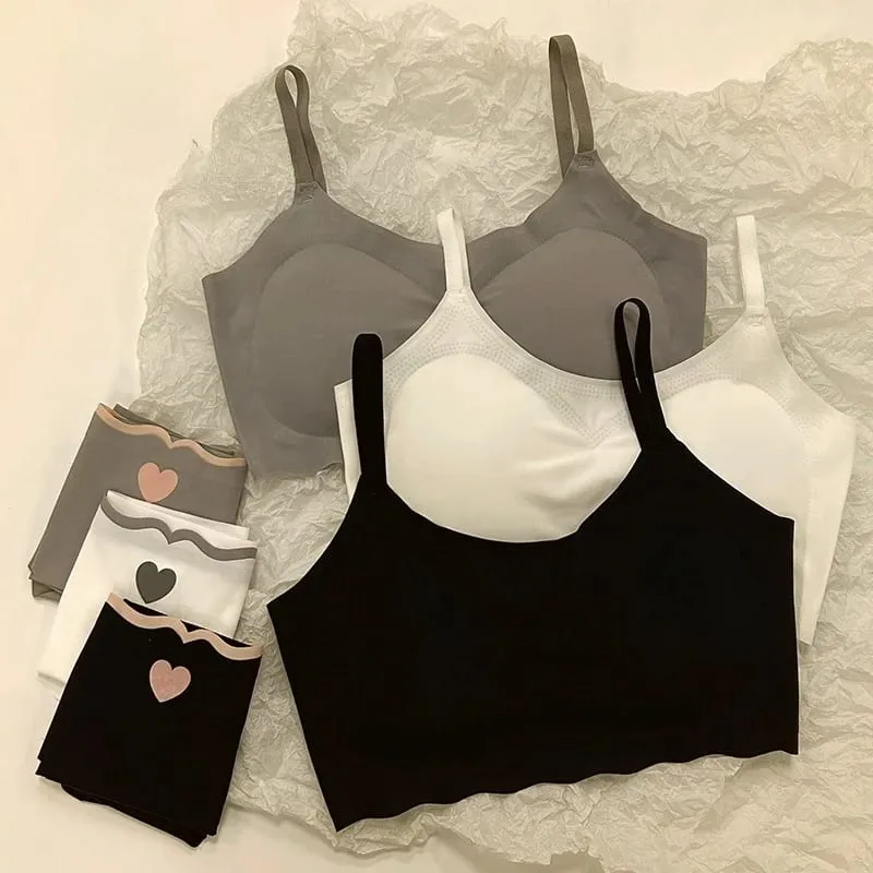 Women's Seamless Bralette Set Wireless Push Up Bra with High Waist Panty Cute Heart Embroidery Lingerie Set for Daily Wear