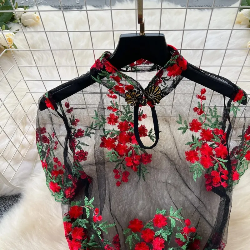 Woman Embroidery Floral Mesh Fashion Sexy Dress Chinese Style Short Sleeve Split Hollow Out Cheongsam New Gauze Sheer Dress — image 3