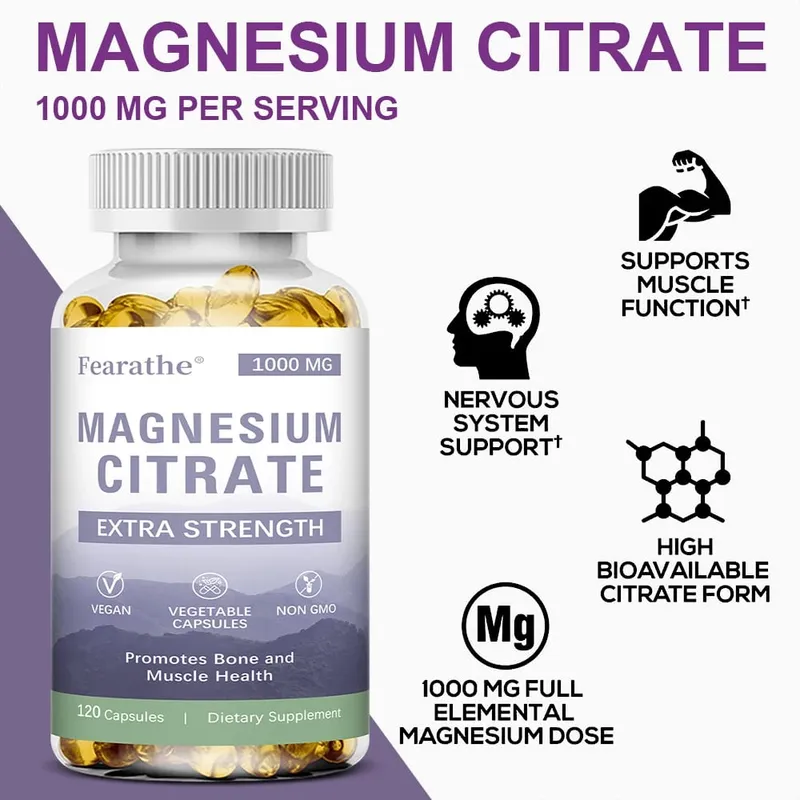 Magnesium Citrate Capsules - Dietary Supplement for Muscle Nerve Bone and Heart Support - Gluten Free Non-GMO - 120 Capsules