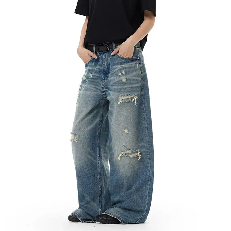 Retro Men's Washed Blue Jeans Distressed Straight Leg High Waist Loose Casual Wide Leg Denim Long Pants Fashion New 9X3258